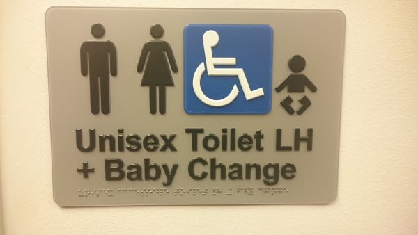 Sign text: Unisex Toilet LH + Baby Change