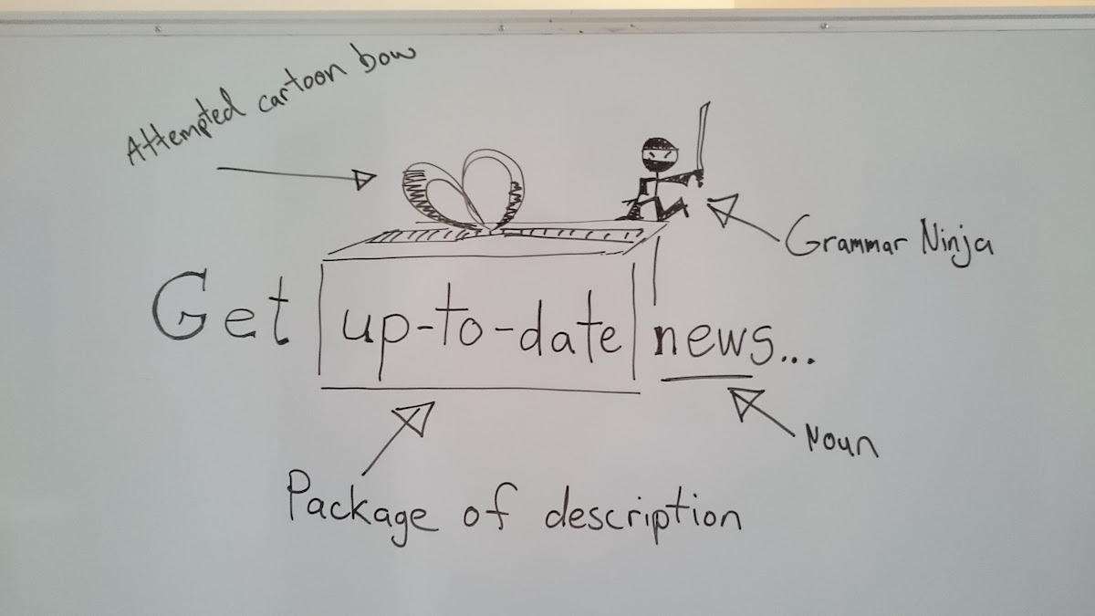 Poorly drawn cartoon on a whiteboard showing 'up-to-date' used as an adjective
